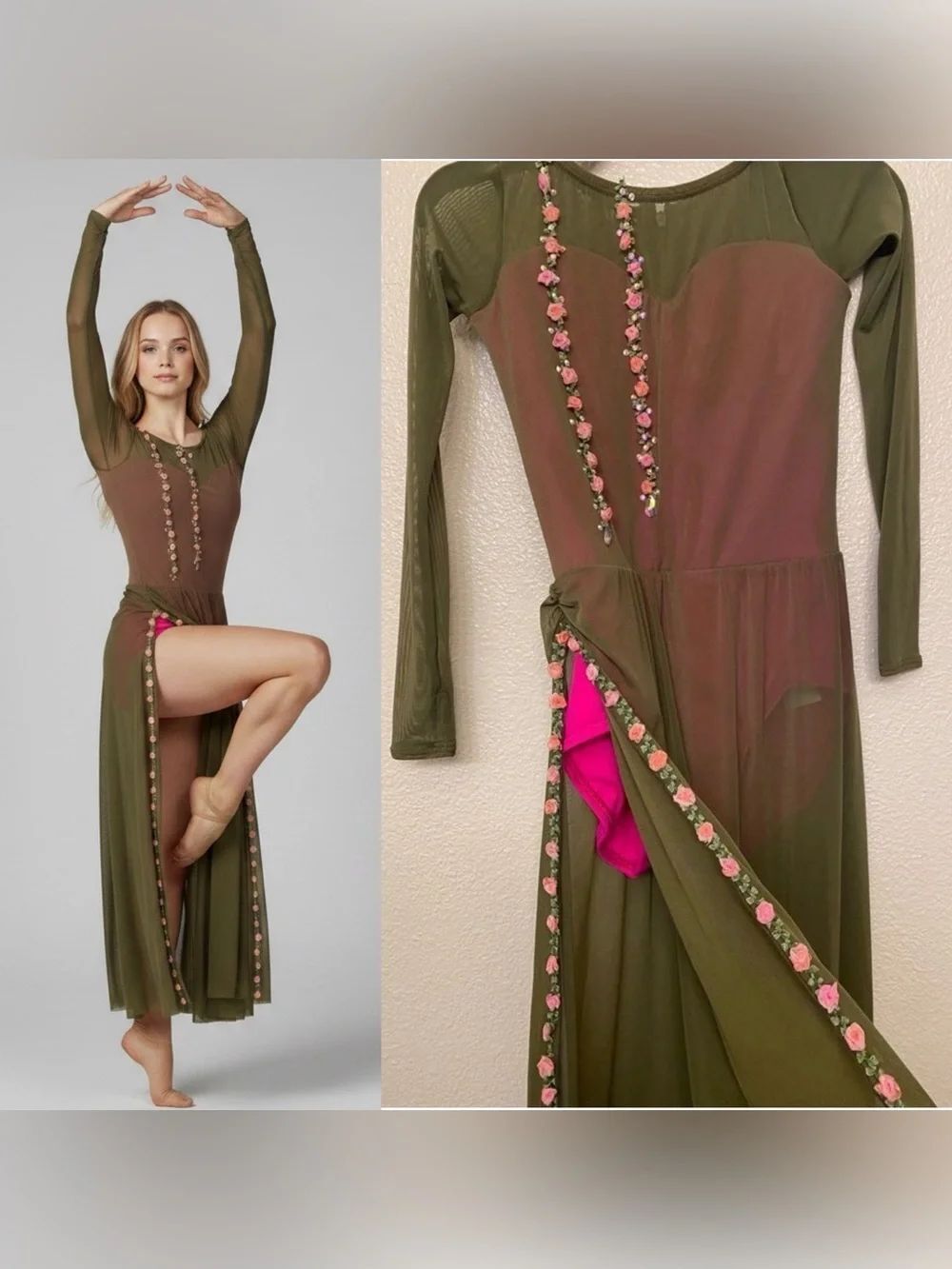 Tenth House 2 die 4 TD24429 Solo Dance Costume Olive Floral Maxi Mesh Dress LC